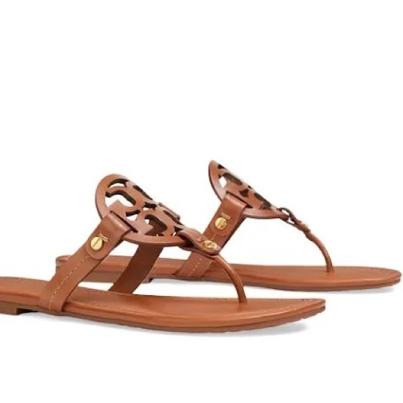 Tory Burch Shoes - Tory Burch Cognac Leather Logo Thong Sandals